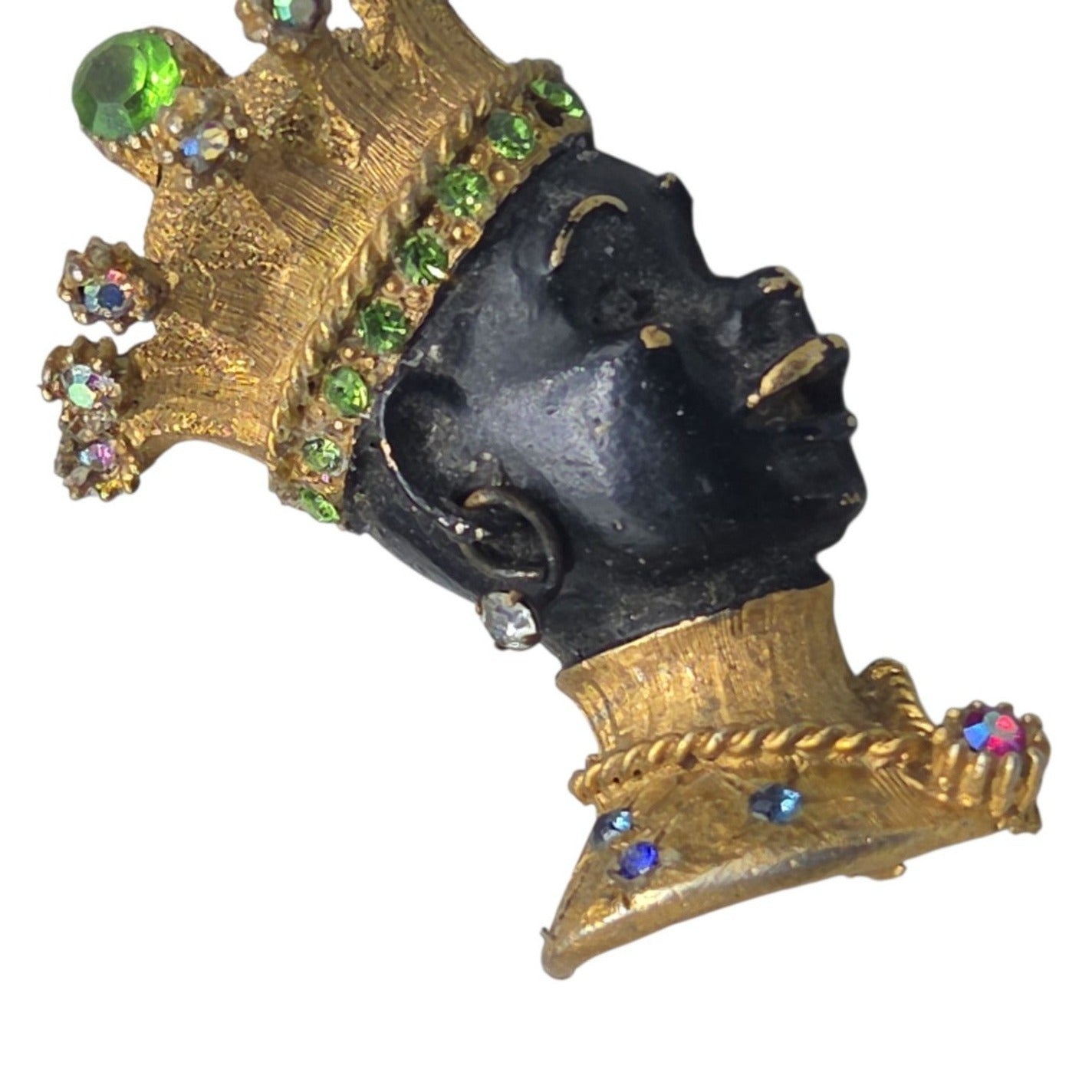 Vintage Blackamoor Jeweled Crown Figural Brooch Rhinestone Couture Estate Piece