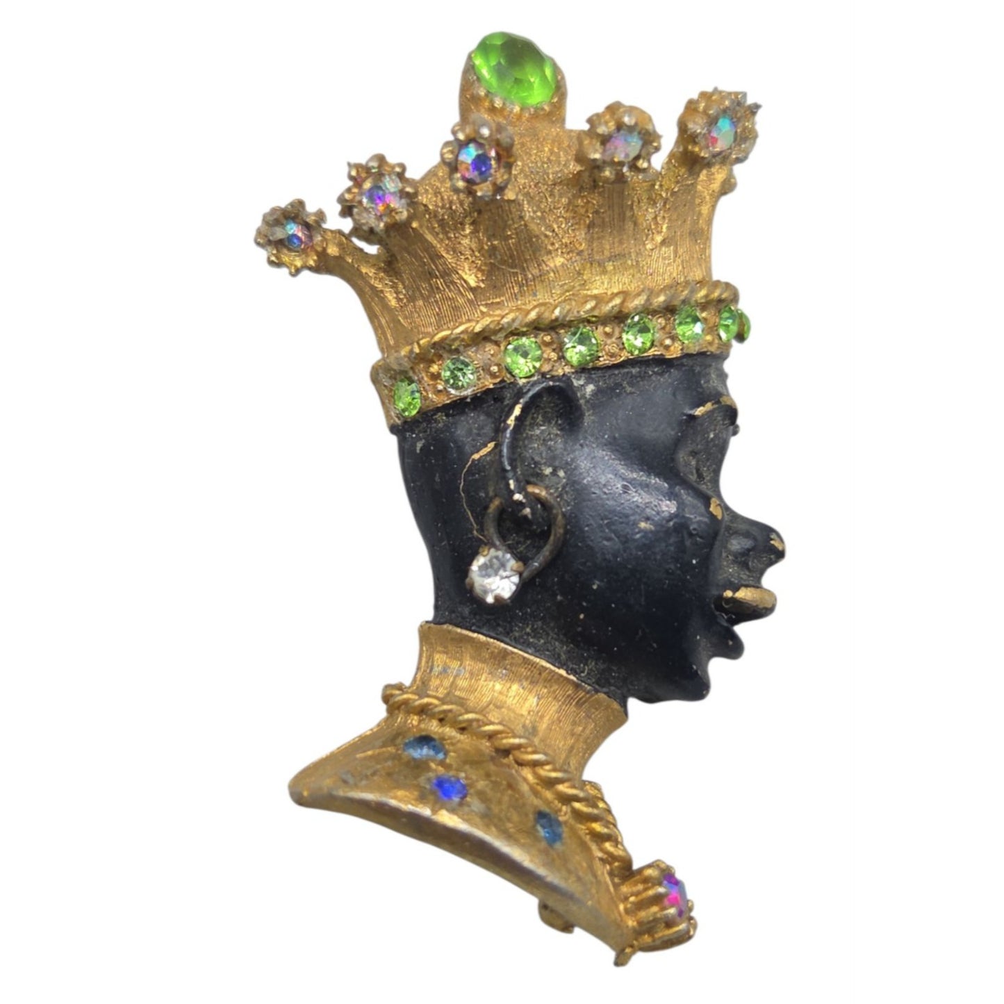 Vintage Blackamoor Jeweled Crown Figural Brooch Rhinestone Couture Estate Piece