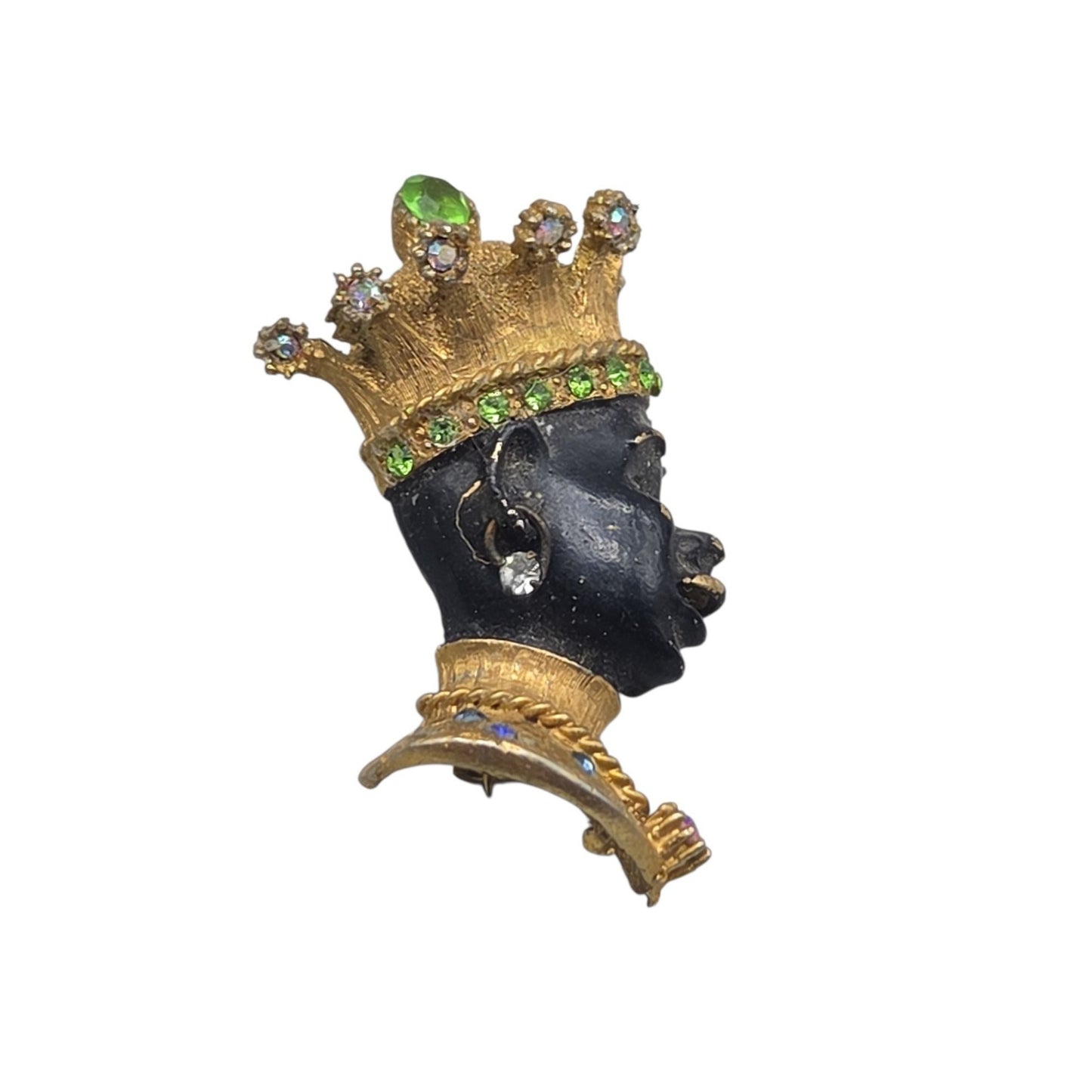Vintage Blackamoor Jeweled Crown Figural Brooch Rhinestone Couture Estate Piece