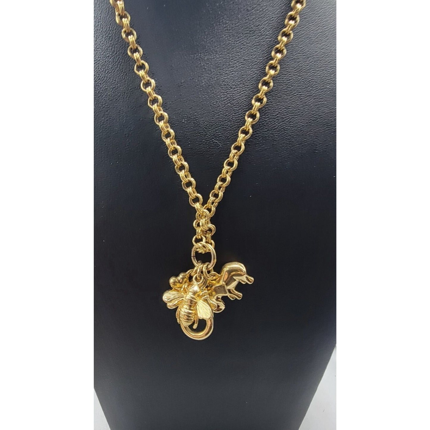 Joan Rivers Vintage Charm Necklace Clip On Flower Bee Elephant Gold Plated 30"