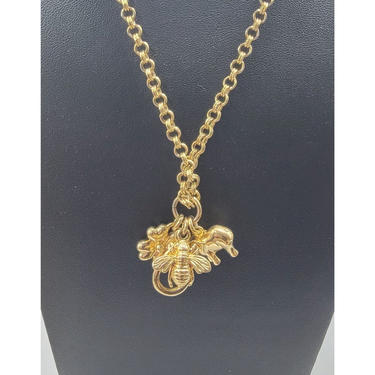 Joan Rivers Vintage Charm Necklace Clip On Flower Bee Elephant Gold Plated 30"