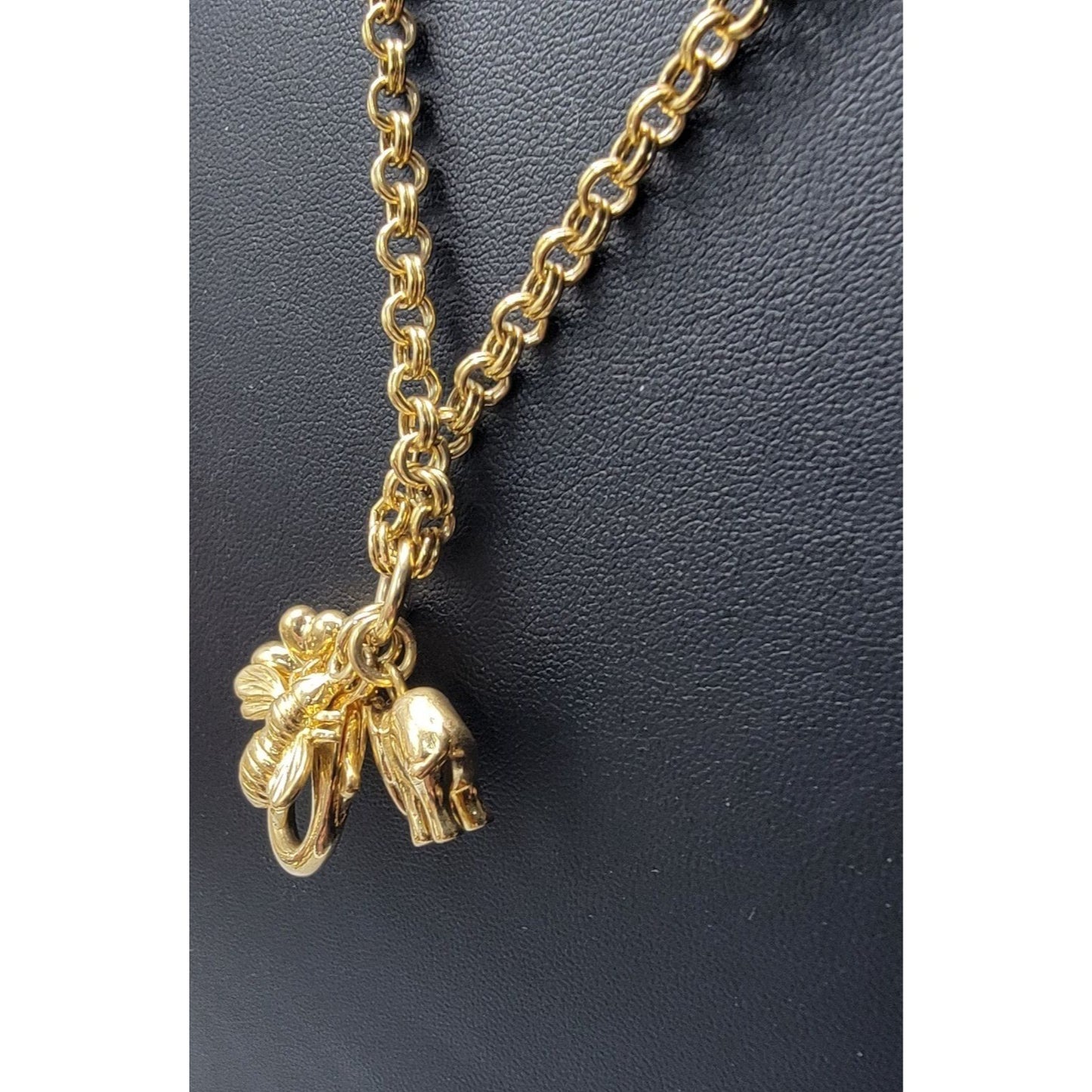 Joan Rivers Vintage Charm Necklace Clip On Flower Bee Elephant Gold Plated 30"