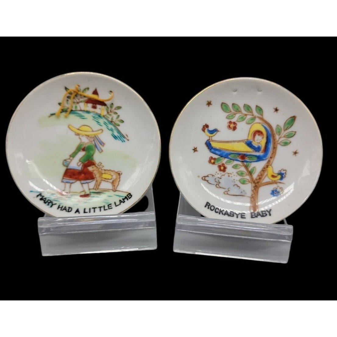 Vtg Nursery Rhyme Miniature Wall Hanging Plates Pair Hand Painted Japan 3.5"