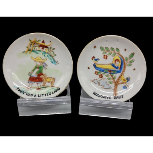 Vtg Nursery Rhyme Miniature Wall Hanging Plates Pair Hand Painted Japan 3.5"