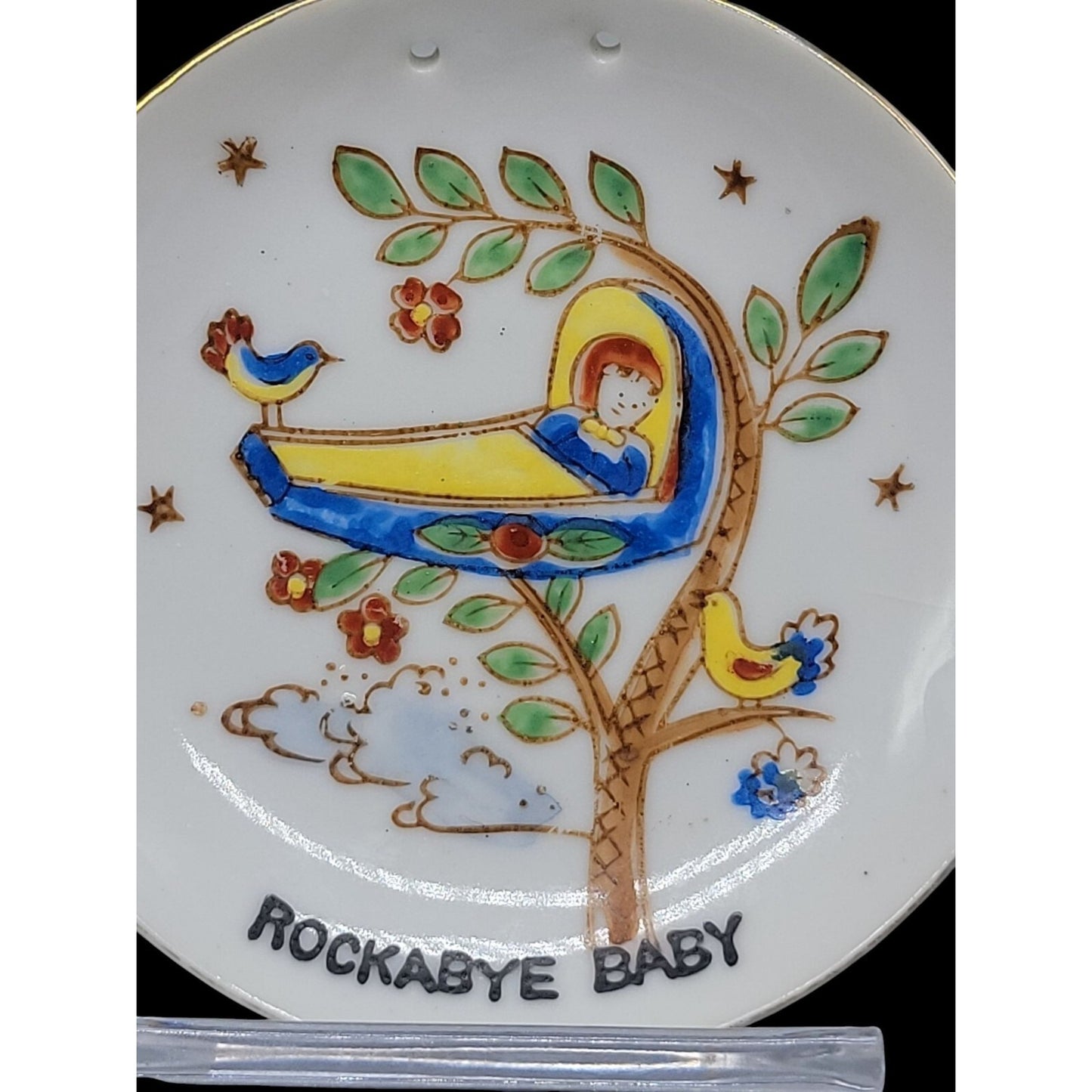 Vtg Nursery Rhyme Miniature Wall Hanging Plates Pair Hand Painted Japan 3.5"