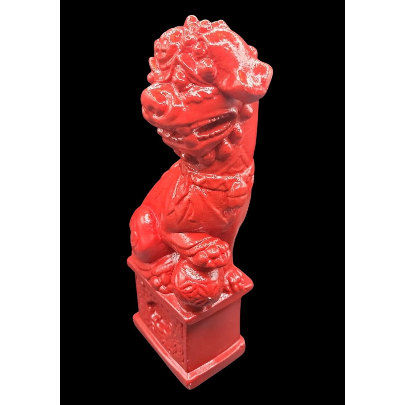 Vintage Red Ceramic Foo Dog Statue 10.25” Chinese Guardian Lion Figurine Male