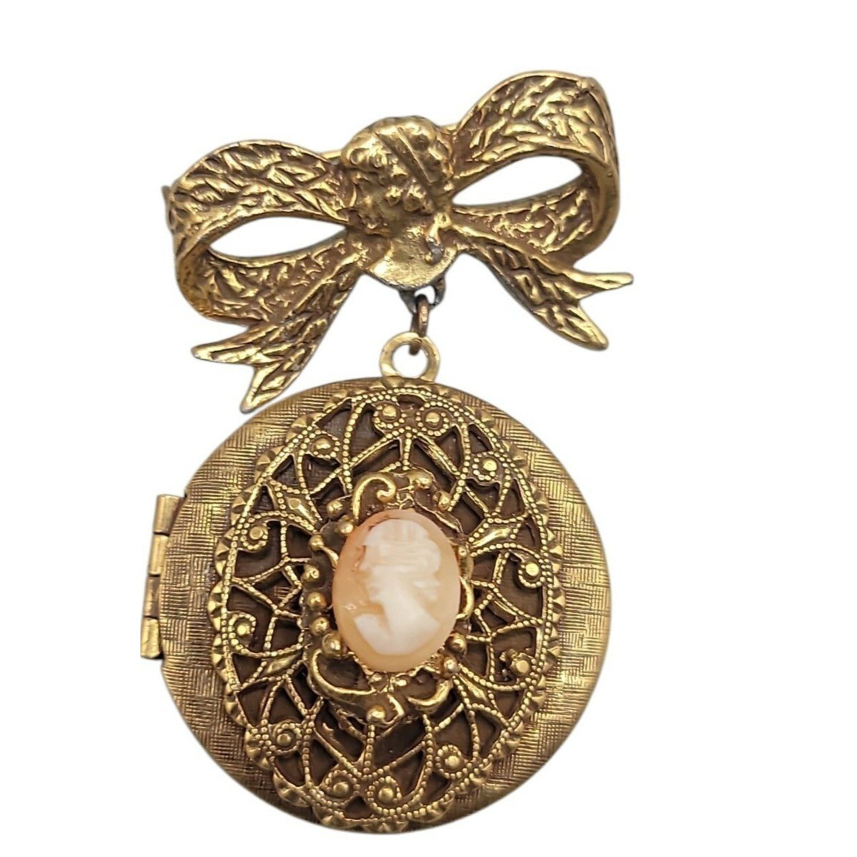 Vintage 1928 Dangling Cameo Locket Brooch Large Bow Gold Tone Resin Pink Lady