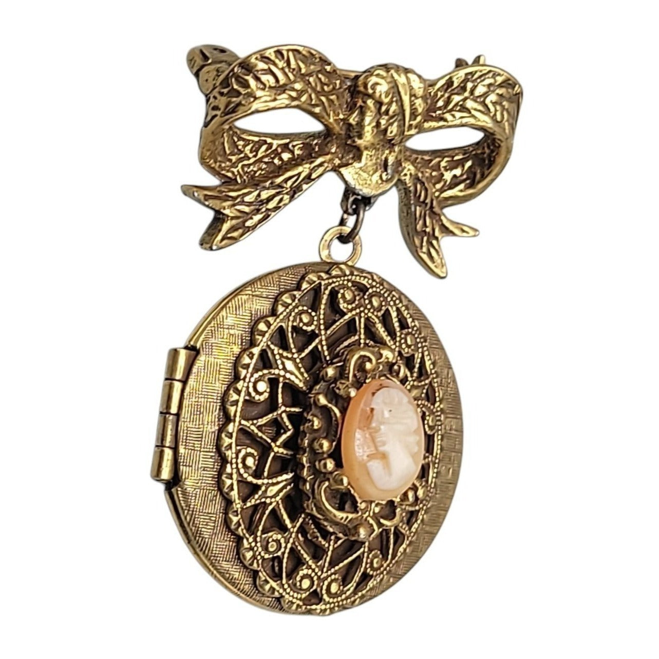 Vintage 1928 Dangling Cameo Locket Brooch Large Bow Gold Tone Resin Pink Lady