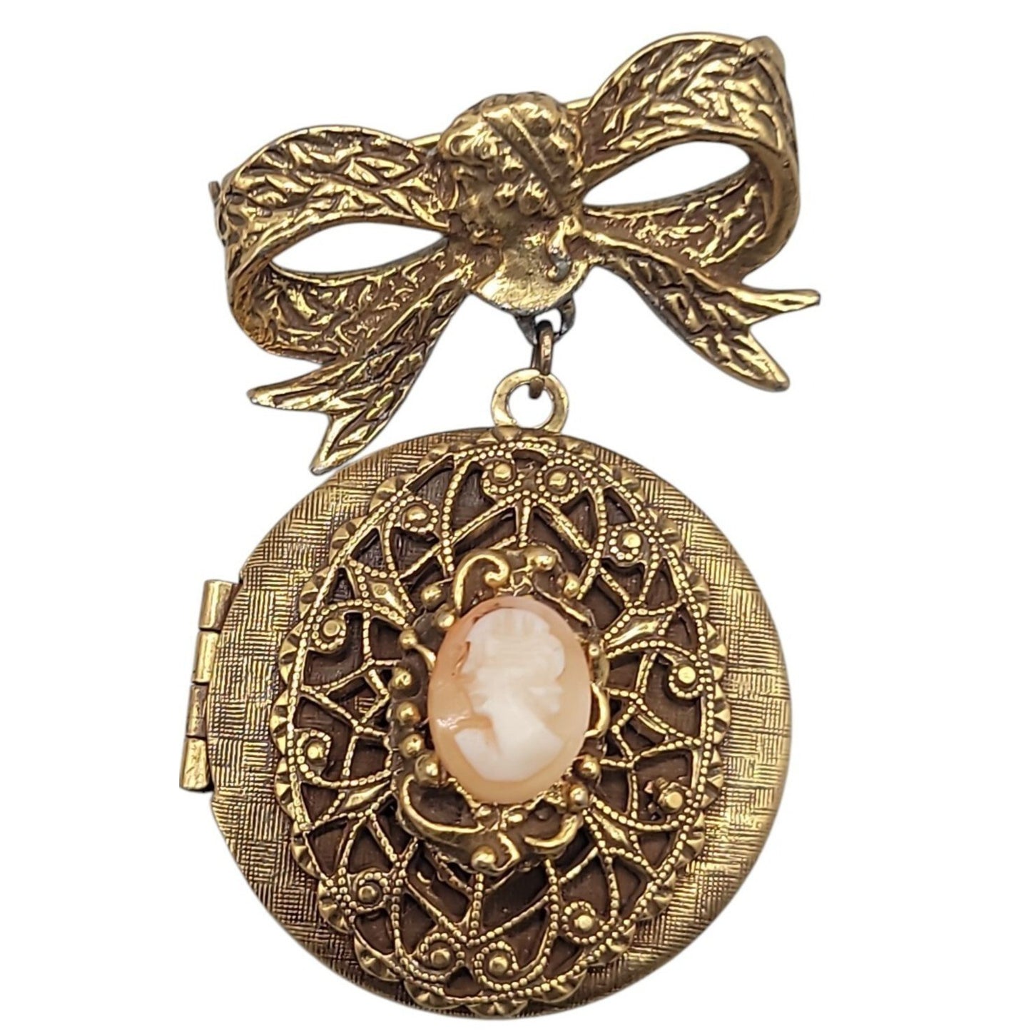 Vintage 1928 Dangling Cameo Locket Brooch Large Bow Gold Tone Resin Pink Lady