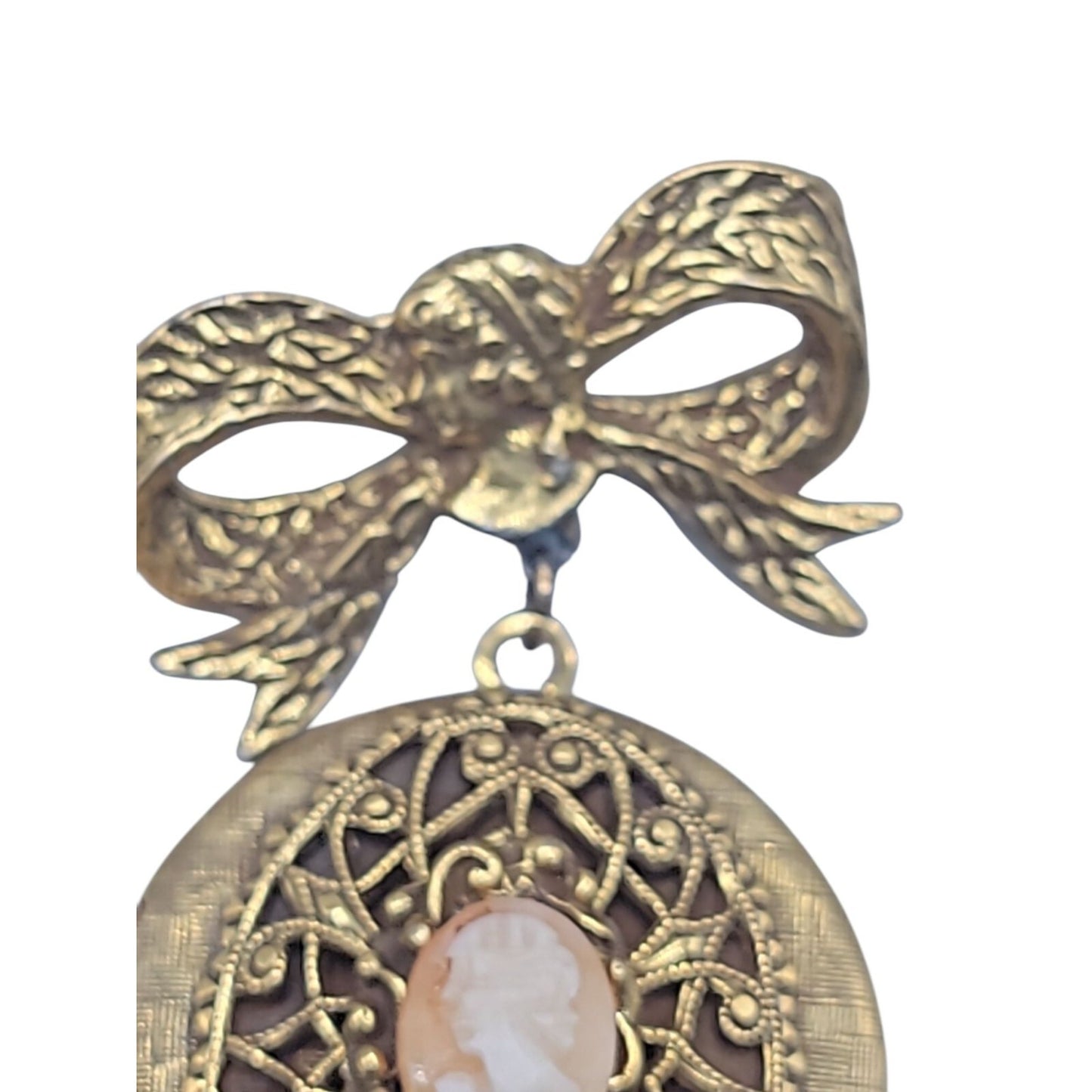 Vintage 1928 Dangling Cameo Locket Brooch Large Bow Gold Tone Resin Pink Lady