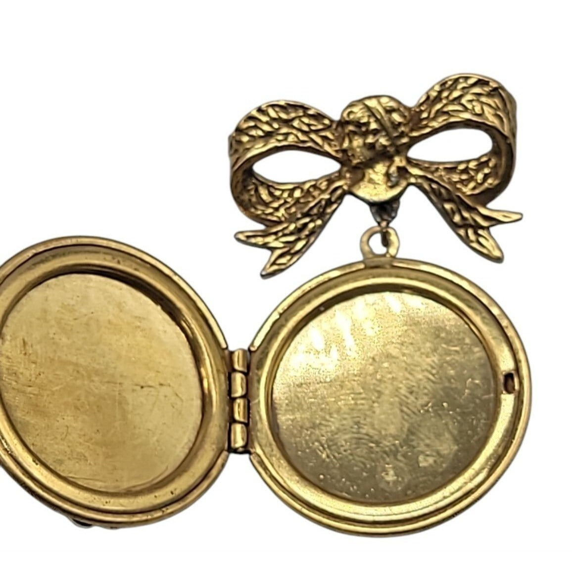 Vintage 1928 Dangling Cameo Locket Brooch Large Bow Gold Tone Resin Pink Lady