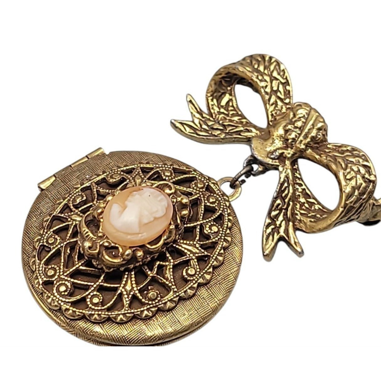 Vintage 1928 Dangling Cameo Locket Brooch Large Bow Gold Tone Resin Pink Lady