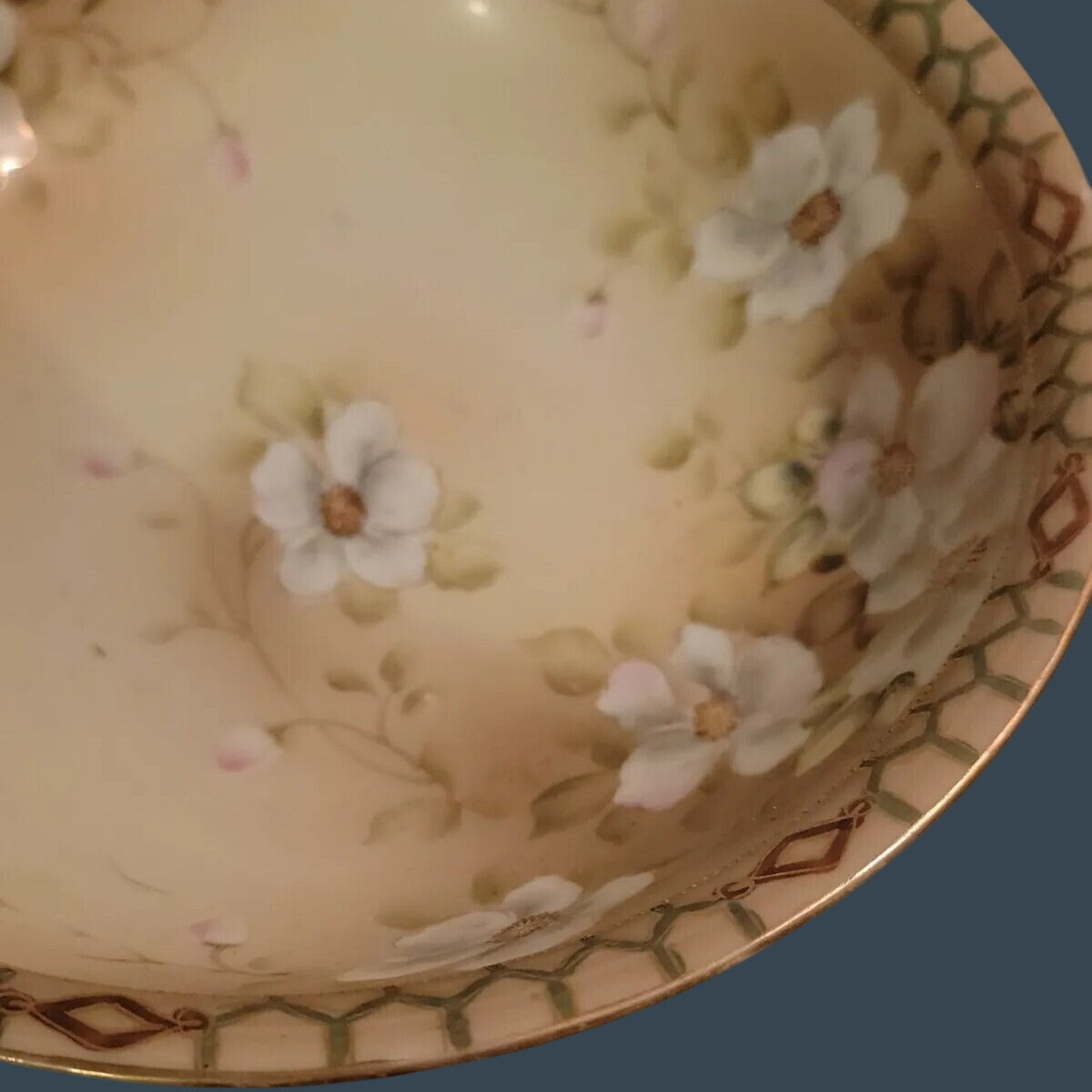 Antique Nippon Pagoda Hand Painted 10" Serving Bowl Flower Blossoms Gold Gilt