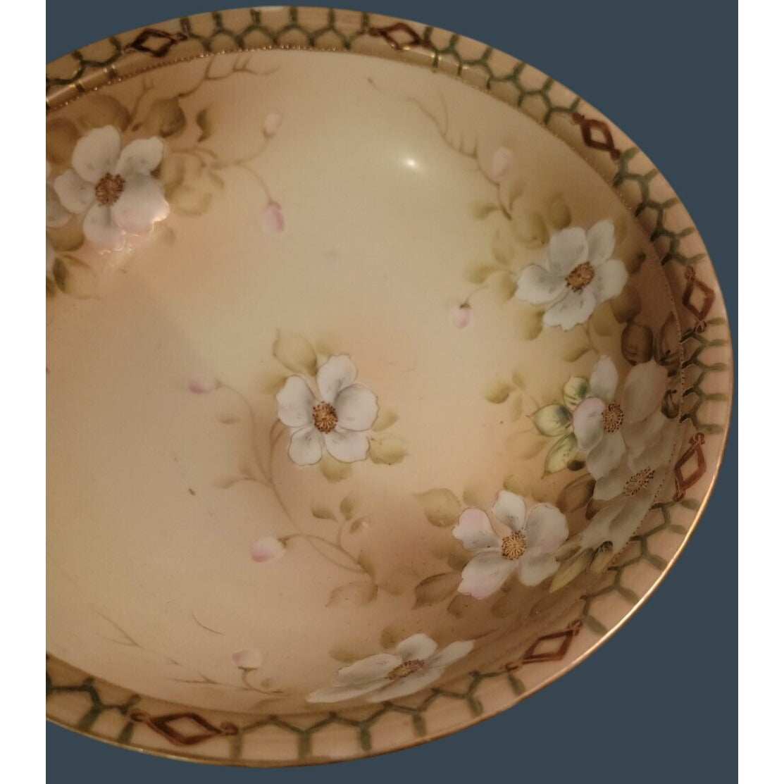 Antique Nippon Pagoda Hand Painted 10" Serving Bowl Flower Blossoms Gold Gilt