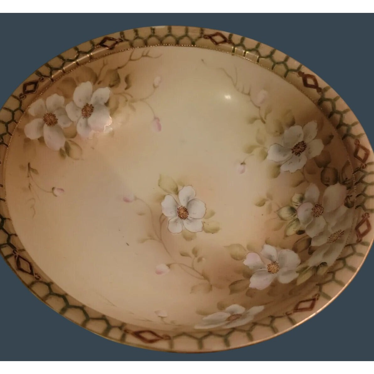 Antique Nippon Pagoda Hand Painted 10" Serving Bowl Flower Blossoms Gold Gilt