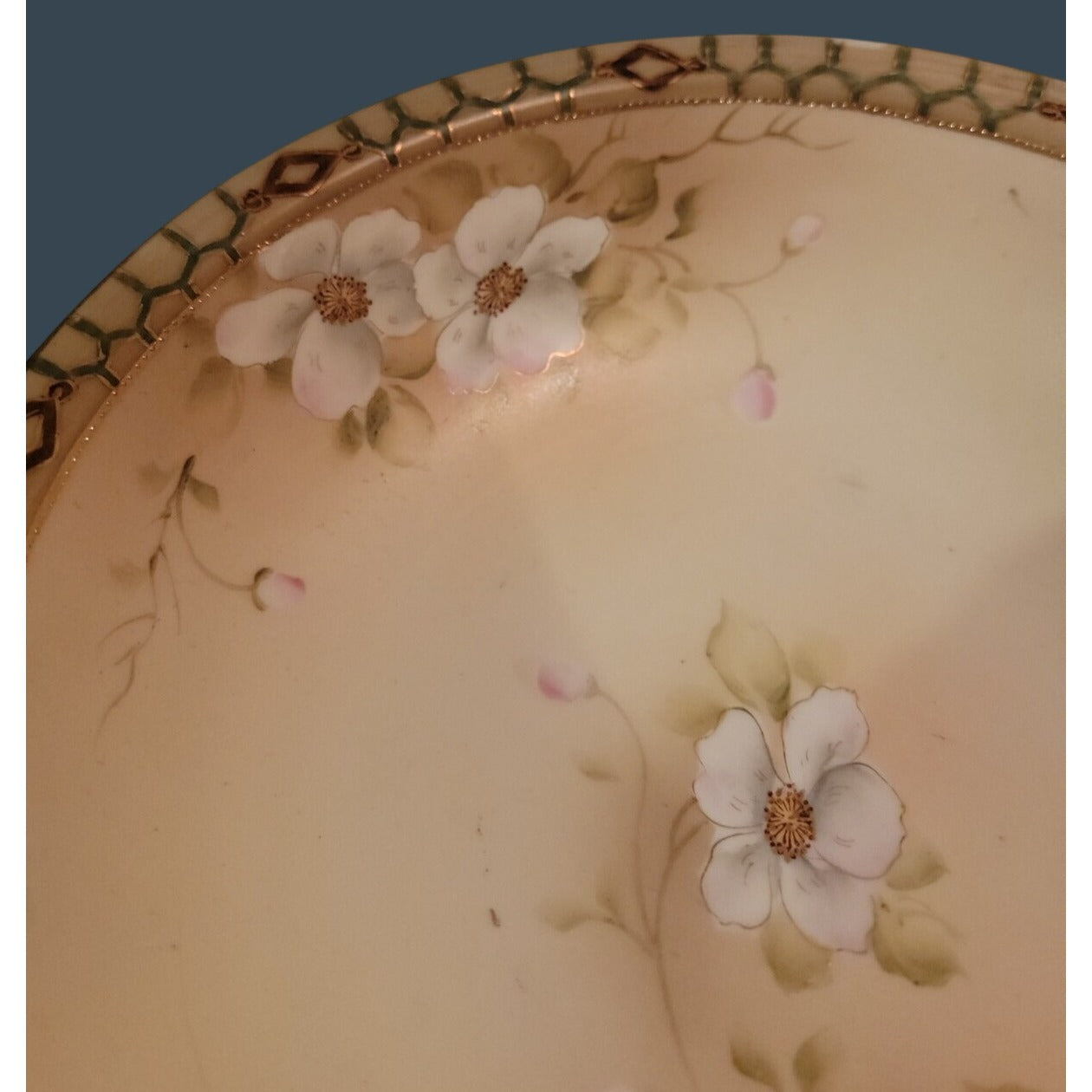 Antique Nippon Pagoda Hand Painted 10" Serving Bowl Flower Blossoms Gold Gilt
