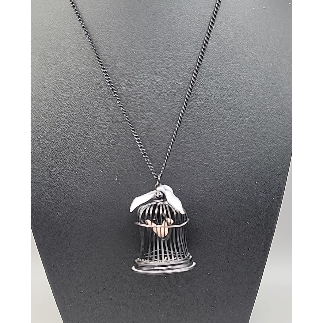 Freedom Bird Pendant Necklace 30" Black Tone Swinging Pink Wood Bird Metal Cage