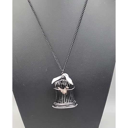 Freedom Bird Pendant Necklace 30" Black Tone Swinging Pink Wood Bird Metal Cage