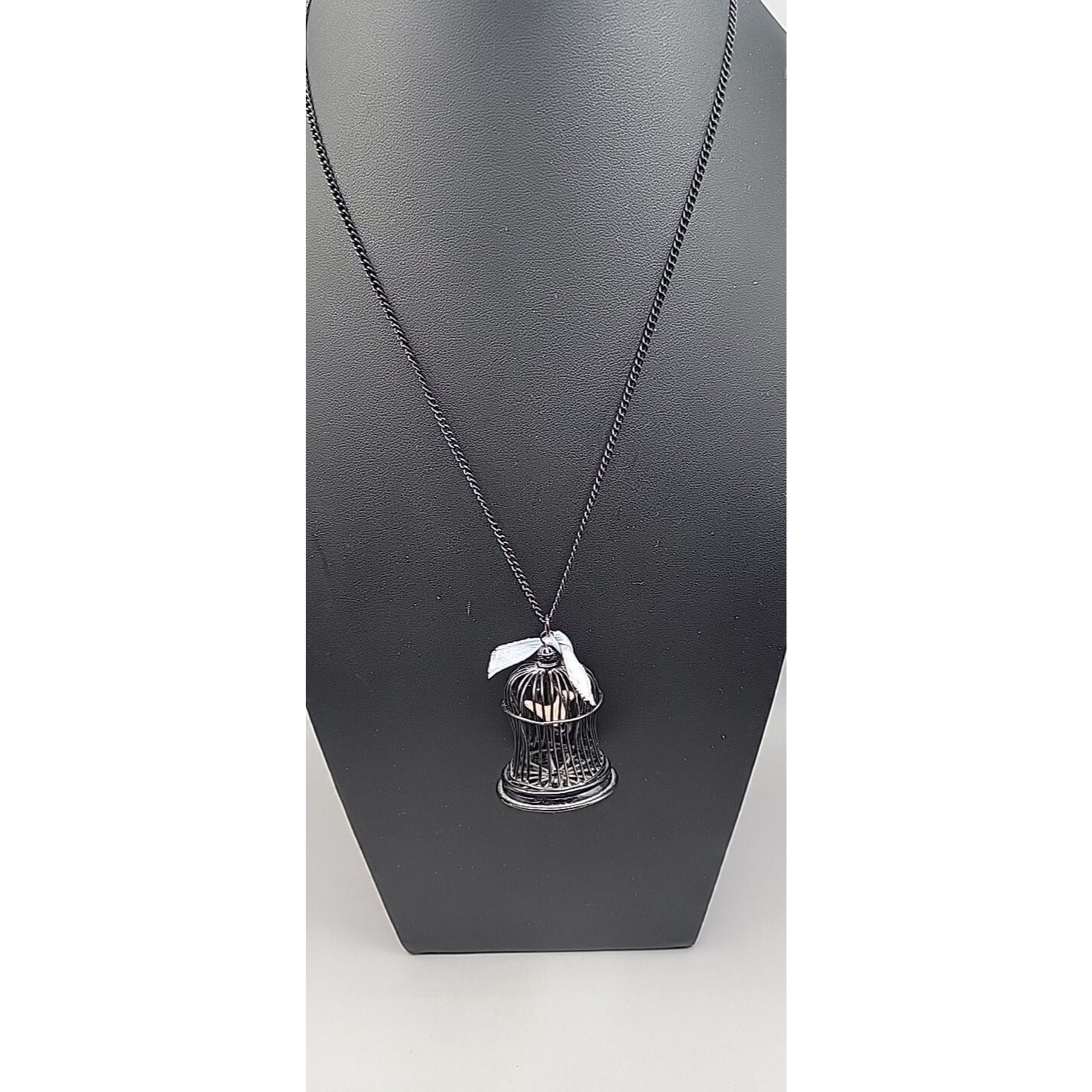 Freedom Bird Pendant Necklace 30" Black Tone Swinging Pink Wood Bird Metal Cage