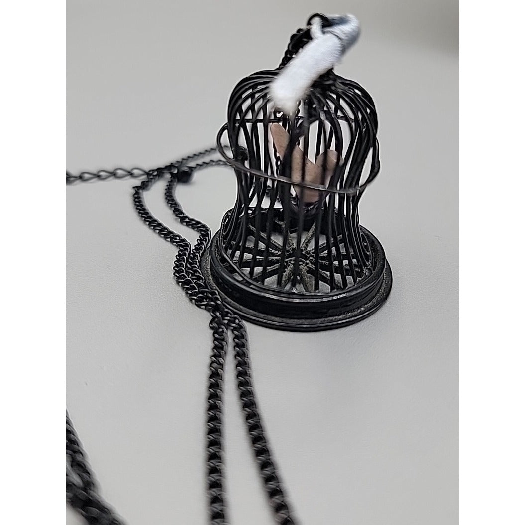 Freedom Bird Pendant Necklace 30" Black Tone Swinging Pink Wood Bird Metal Cage