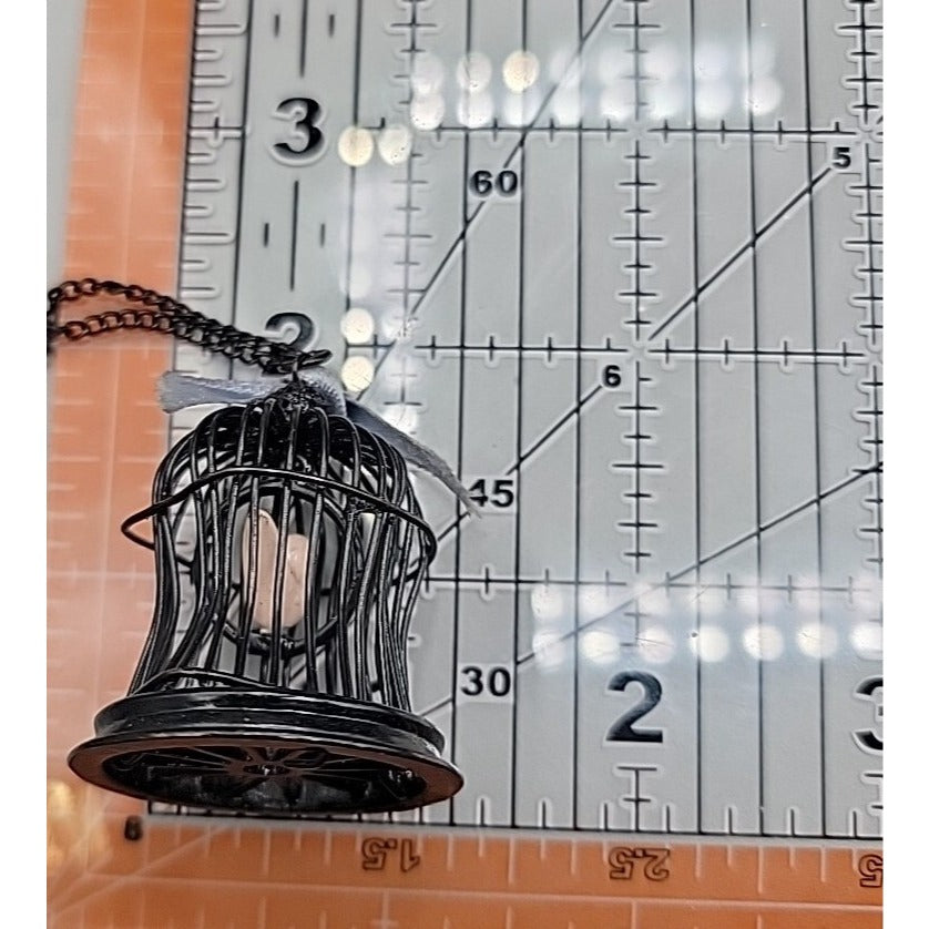 Freedom Bird Pendant Necklace 30" Black Tone Swinging Pink Wood Bird Metal Cage