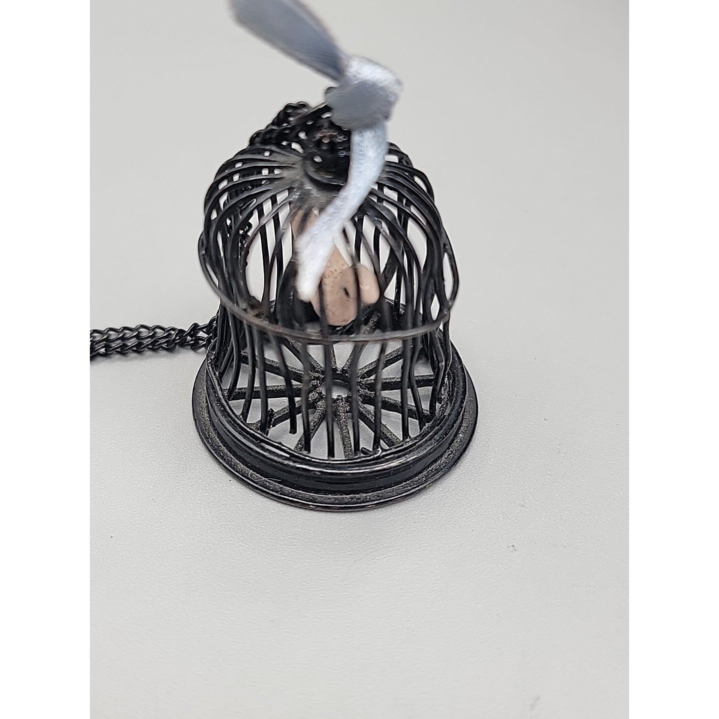 Freedom Bird Pendant Necklace 30" Black Tone Swinging Pink Wood Bird Metal Cage