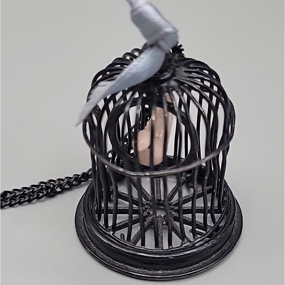Freedom Bird Pendant Necklace 30" Black Tone Swinging Pink Wood Bird Metal Cage