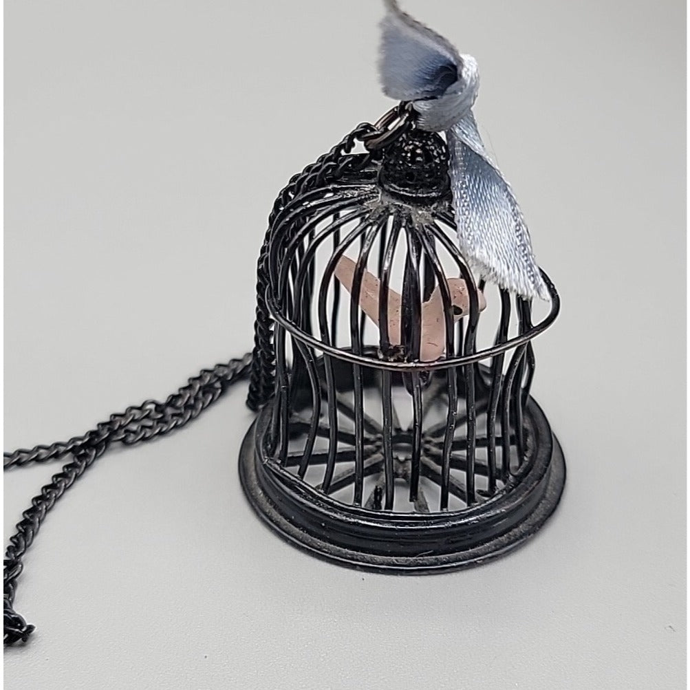 Freedom Bird Pendant Necklace 30" Black Tone Swinging Pink Wood Bird Metal Cage