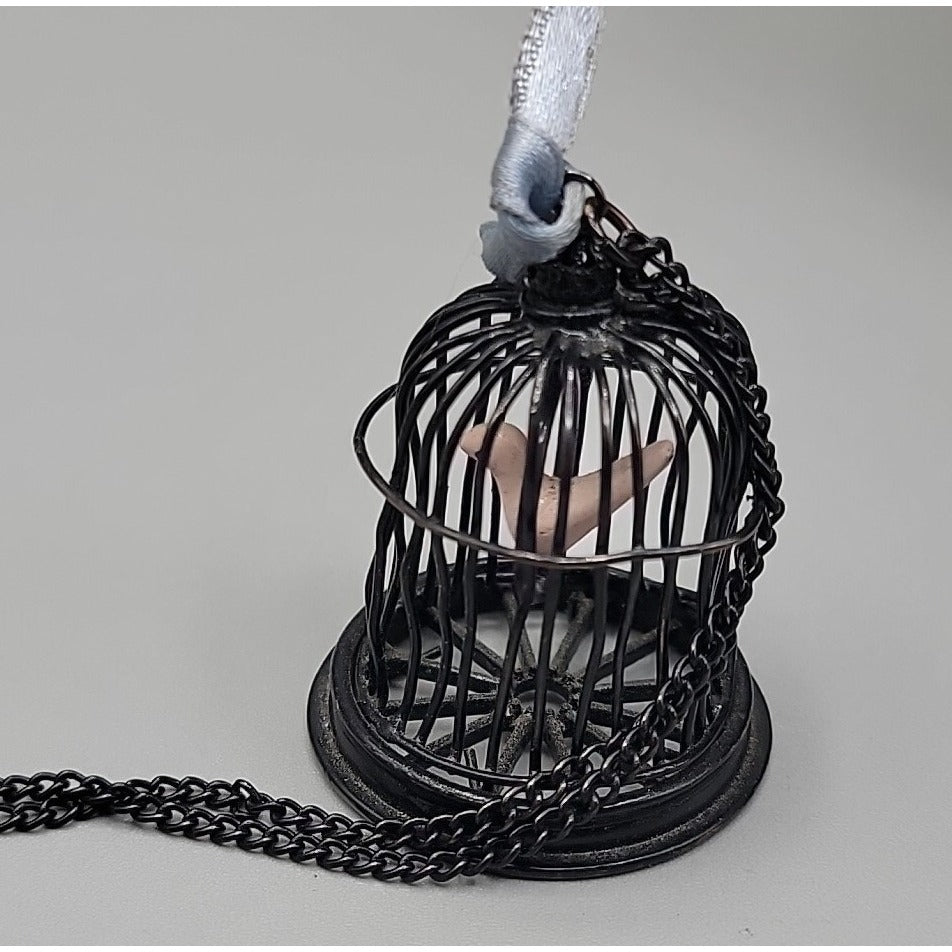 Freedom Bird Pendant Necklace 30" Black Tone Swinging Pink Wood Bird Metal Cage