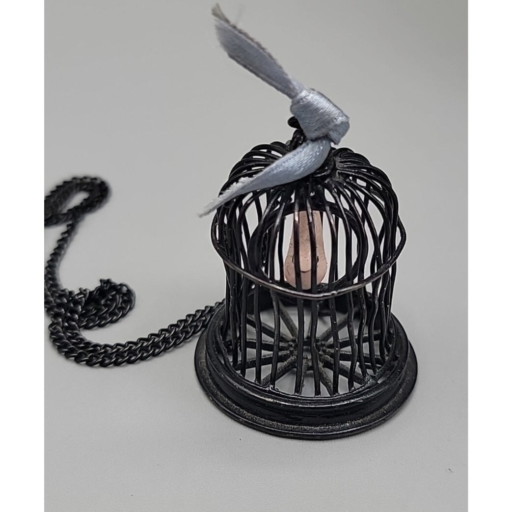 Freedom Bird Pendant Necklace 30" Black Tone Swinging Pink Wood Bird Metal Cage