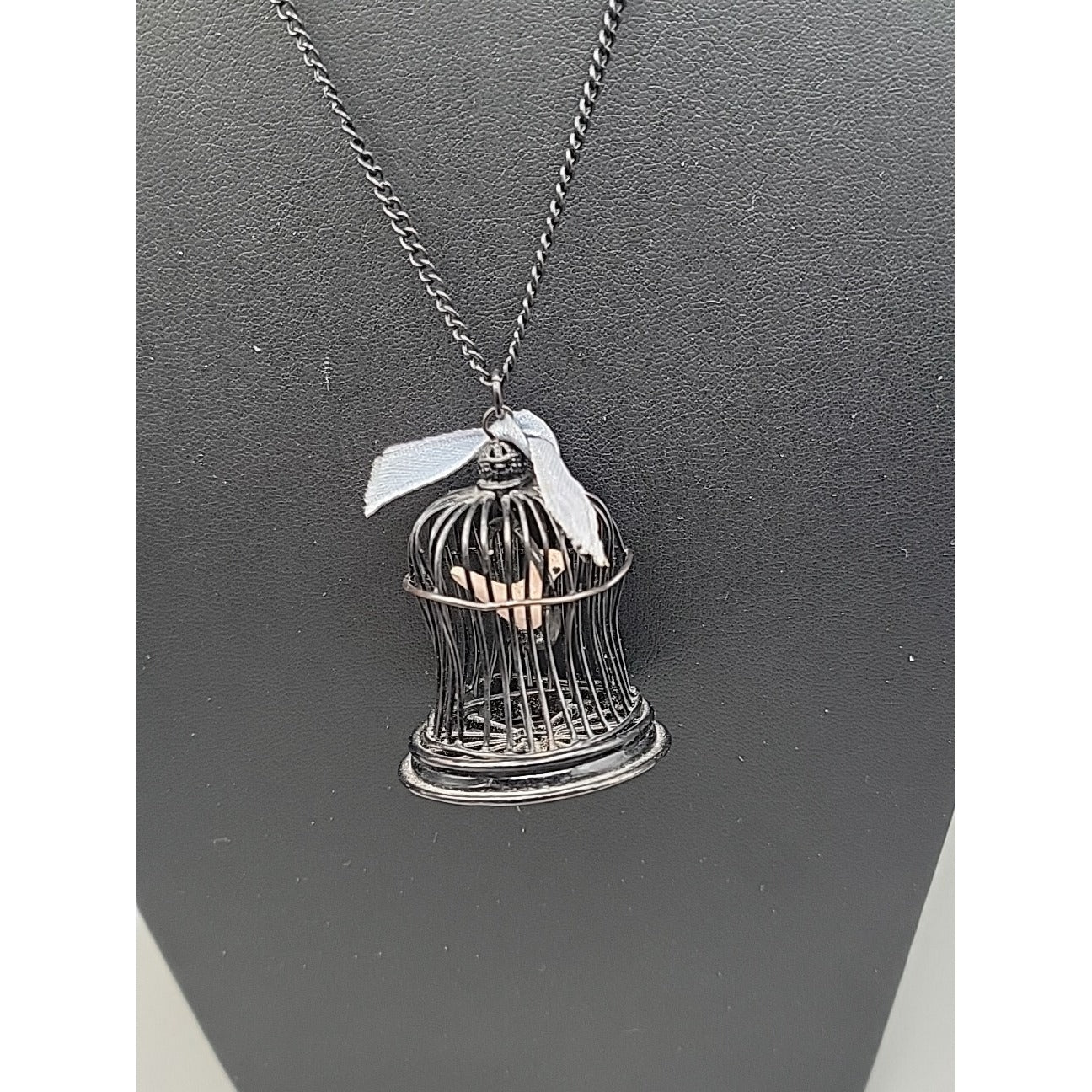 Freedom Bird Pendant Necklace 30" Black Tone Swinging Pink Wood Bird Metal Cage