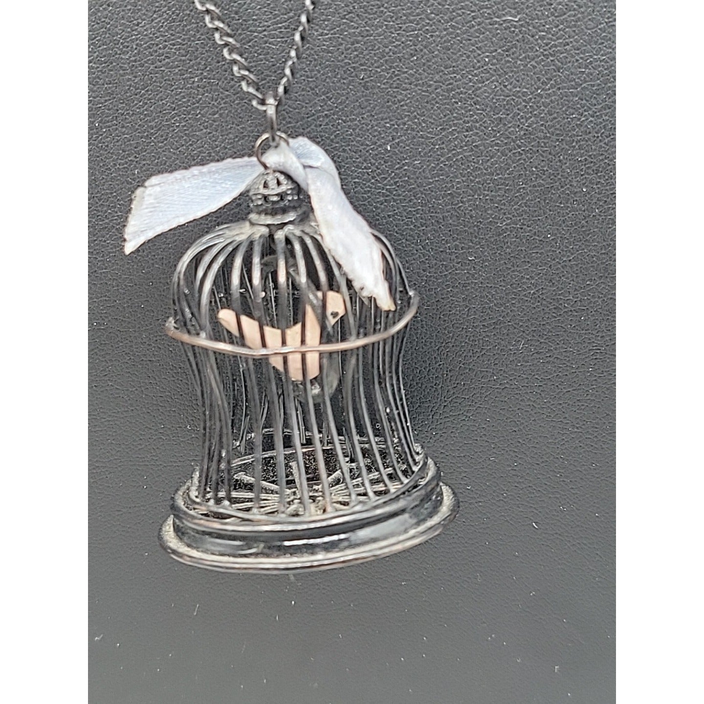 Freedom Bird Pendant Necklace 30" Black Tone Swinging Pink Wood Bird Metal Cage