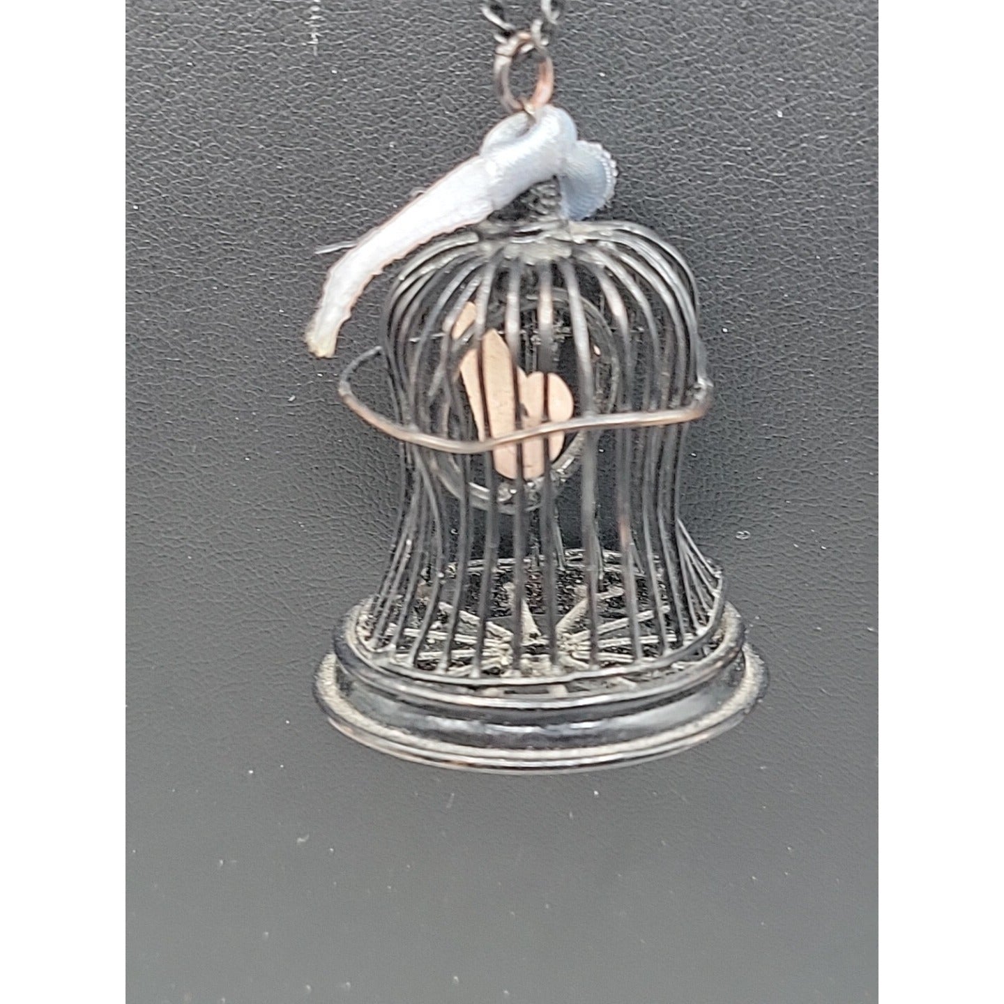 Freedom Bird Pendant Necklace 30" Black Tone Swinging Pink Wood Bird Metal Cage