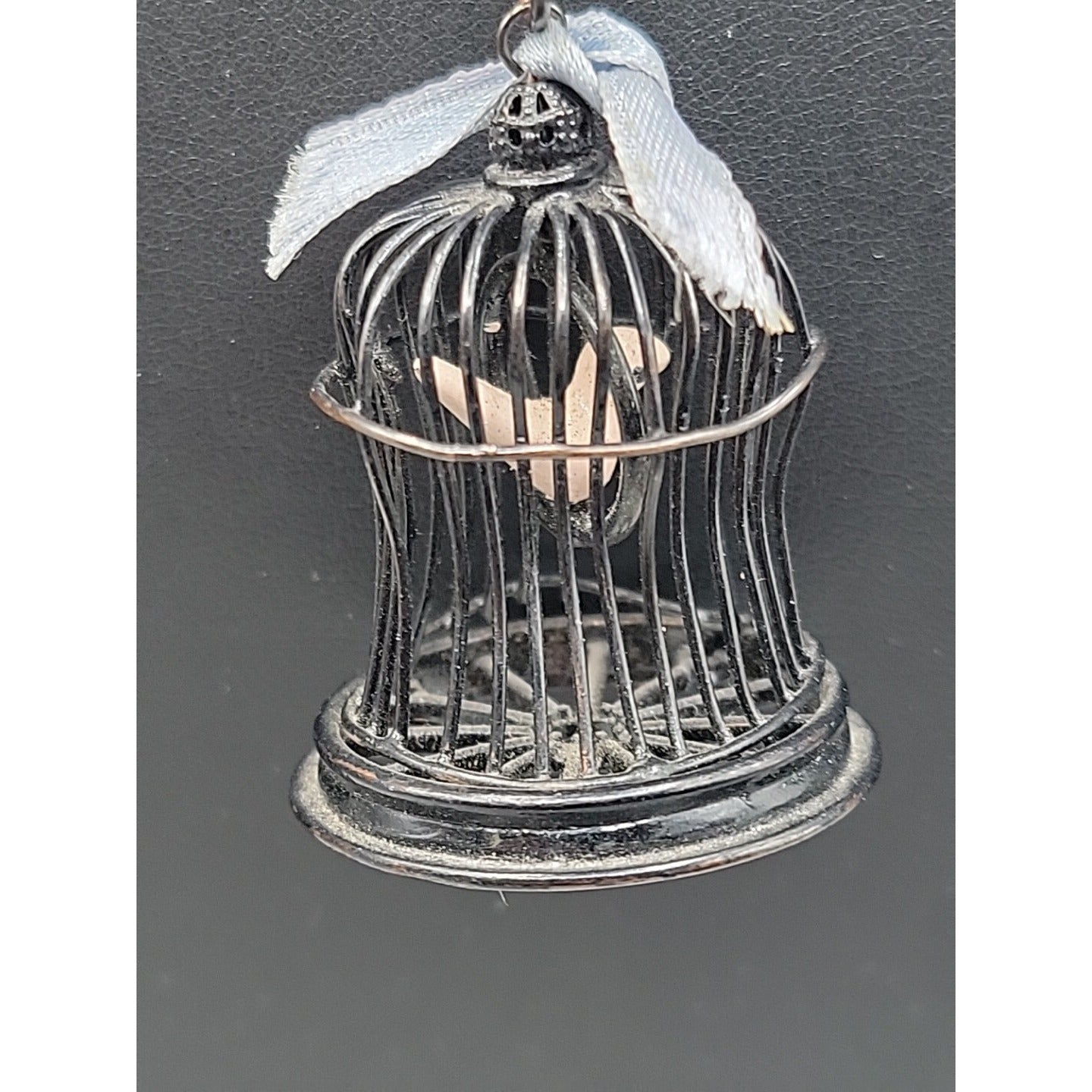 Freedom Bird Pendant Necklace 30" Black Tone Swinging Pink Wood Bird Metal Cage