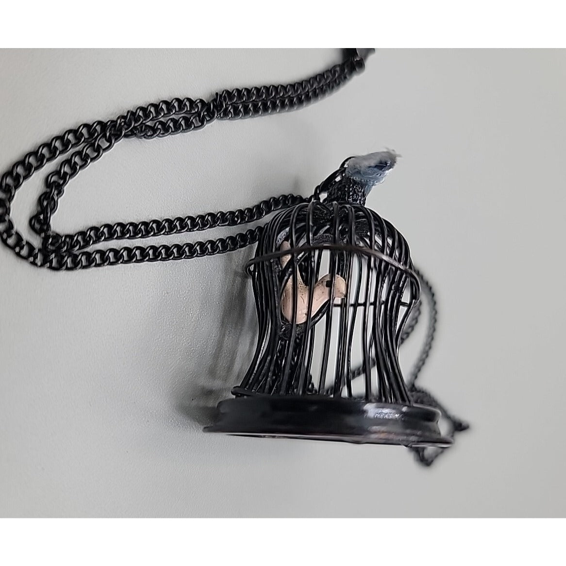 Freedom Bird Pendant Necklace 30" Black Tone Swinging Pink Wood Bird Metal Cage