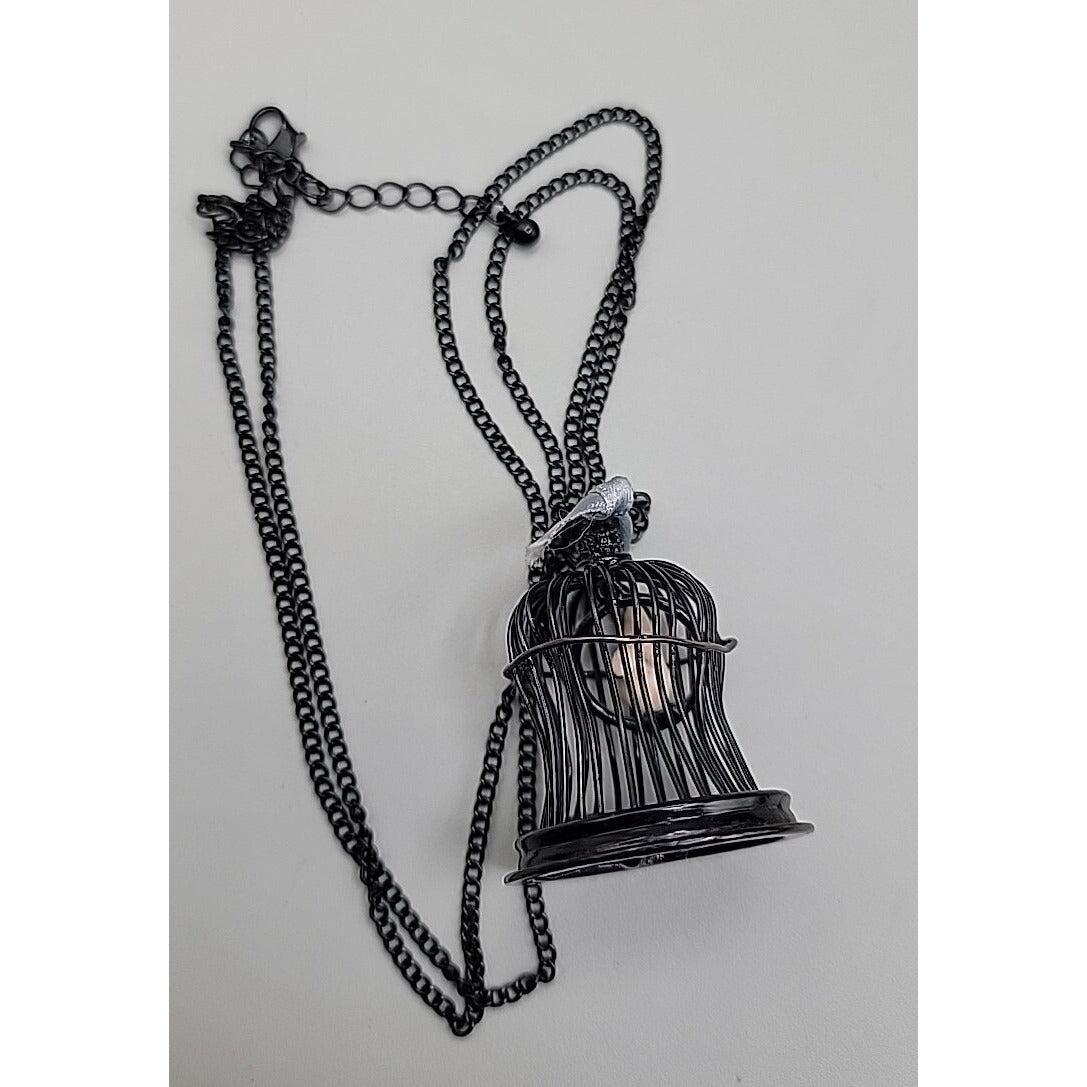 Freedom Bird Pendant Necklace 30" Black Tone Swinging Pink Wood Bird Metal Cage