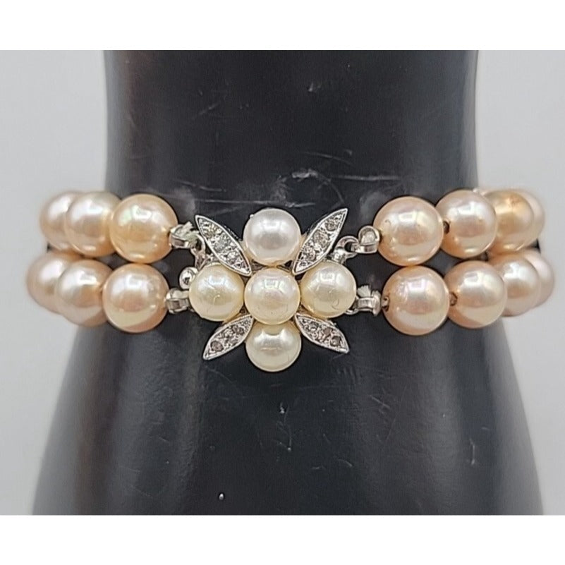 Vintage Panetta Double Strand Champagne Faux Pearl Bracelet Rhinestone Clasp
