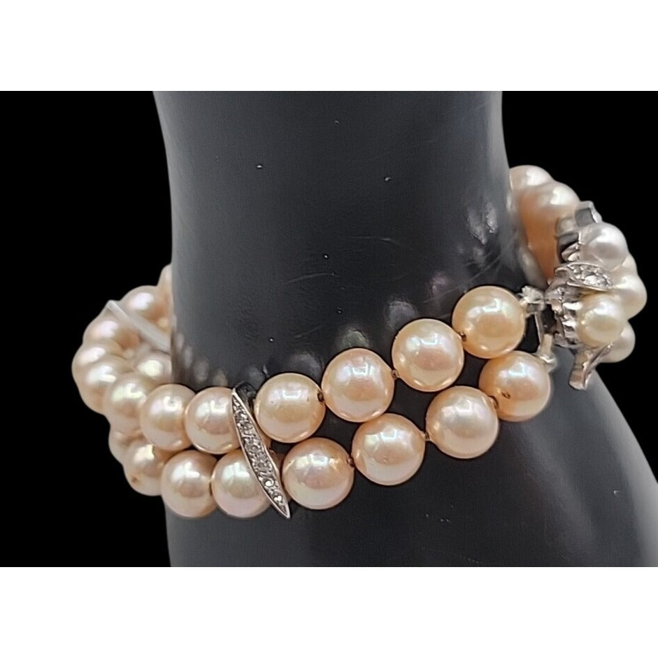 Vintage Panetta Double Strand Champagne Faux Pearl Bracelet Rhinestone Clasp