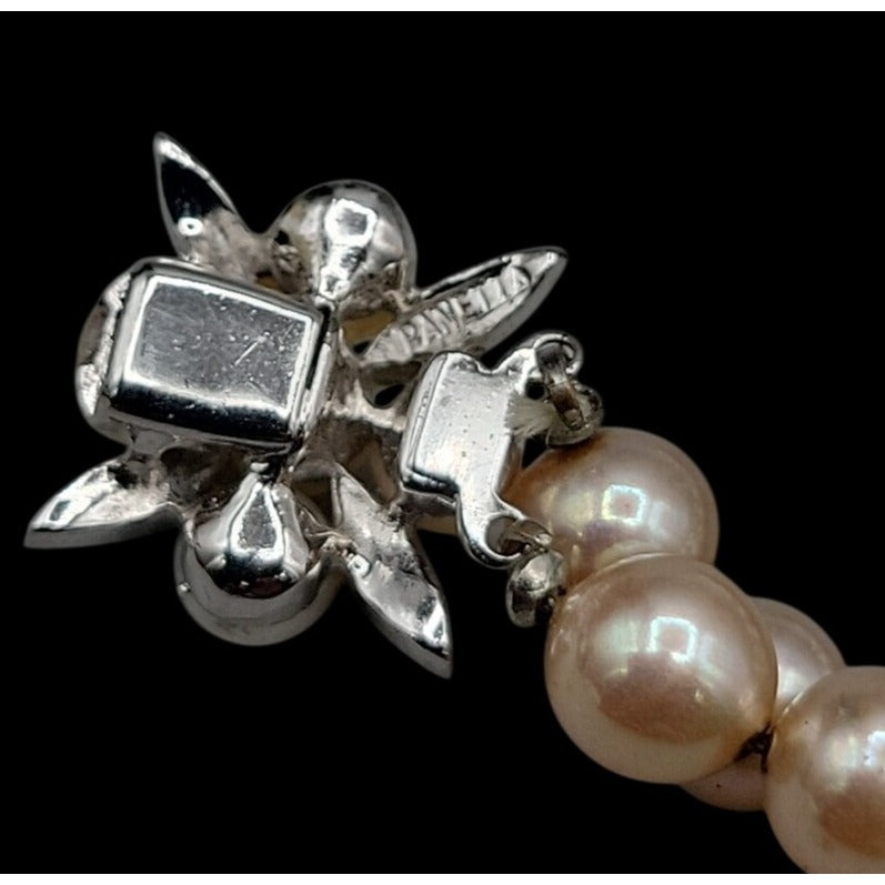 Vintage Panetta Double Strand Champagne Faux Pearl Bracelet Rhinestone Clasp