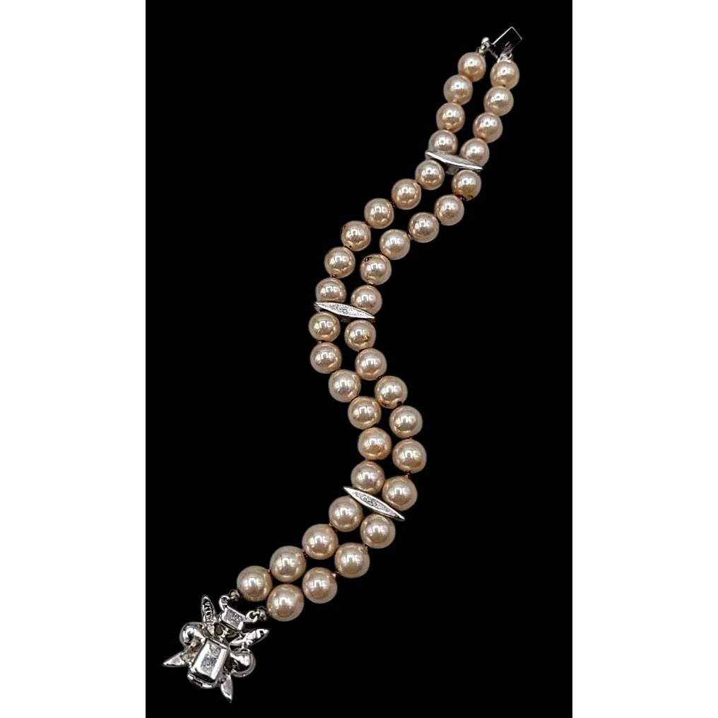 Vintage Panetta Double Strand Champagne Faux Pearl Bracelet Rhinestone Clasp