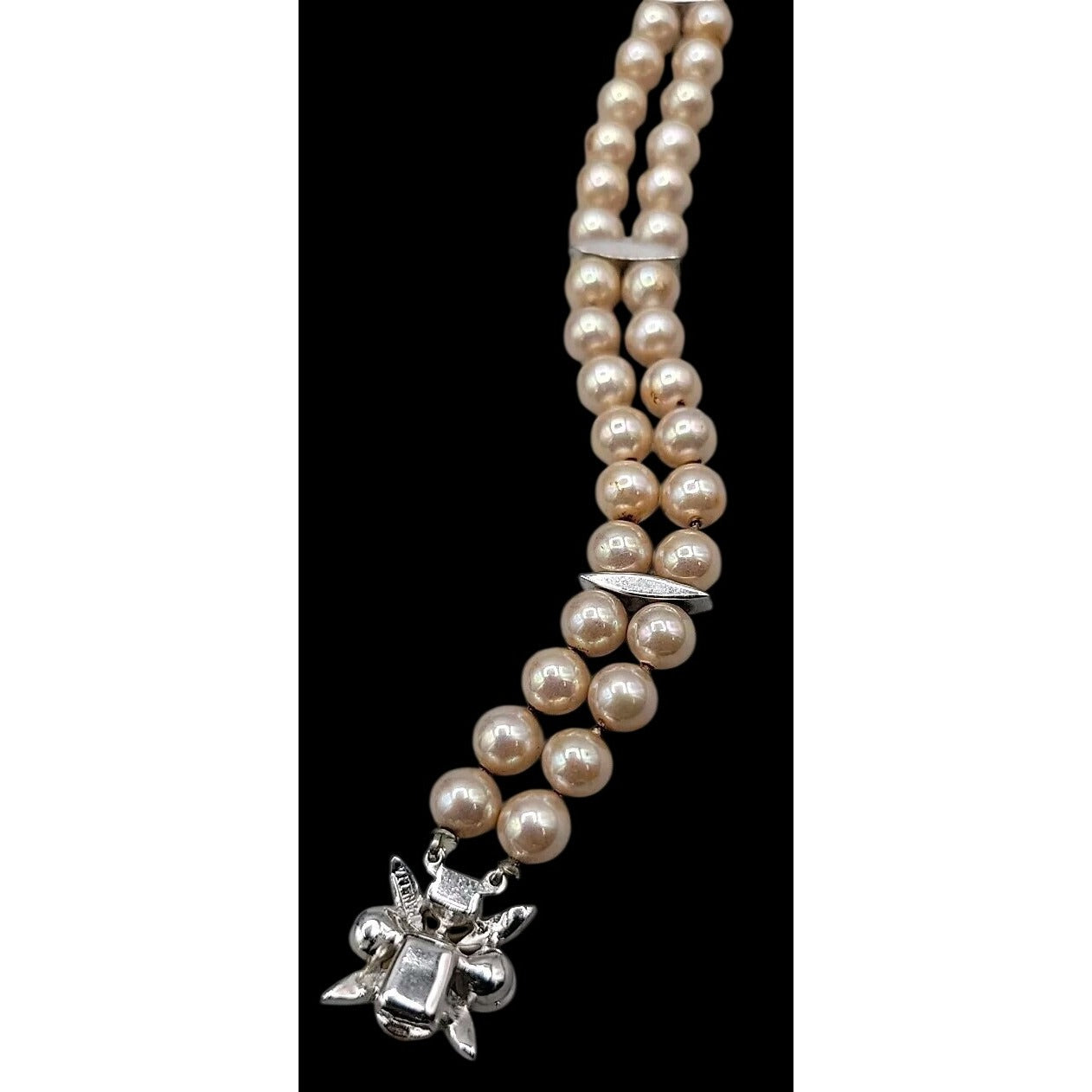Vintage Panetta Double Strand Champagne Faux Pearl Bracelet Rhinestone Clasp