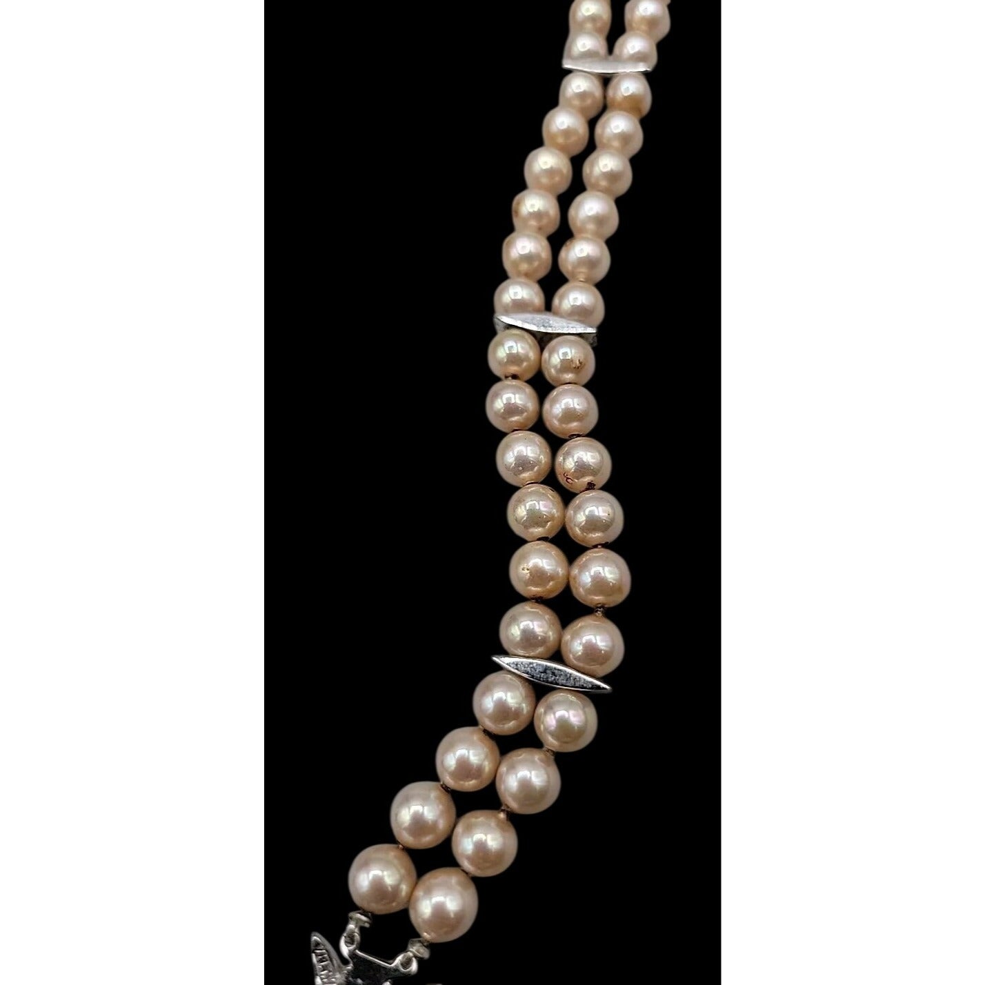 Vintage Panetta Double Strand Champagne Faux Pearl Bracelet Rhinestone Clasp