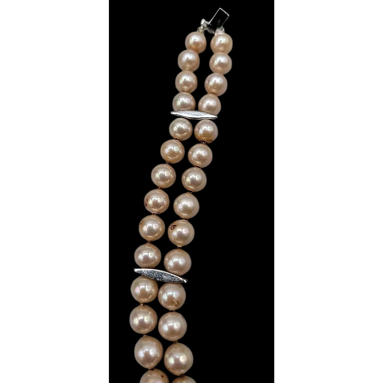 Vintage Panetta Double Strand Champagne Faux Pearl Bracelet Rhinestone Clasp