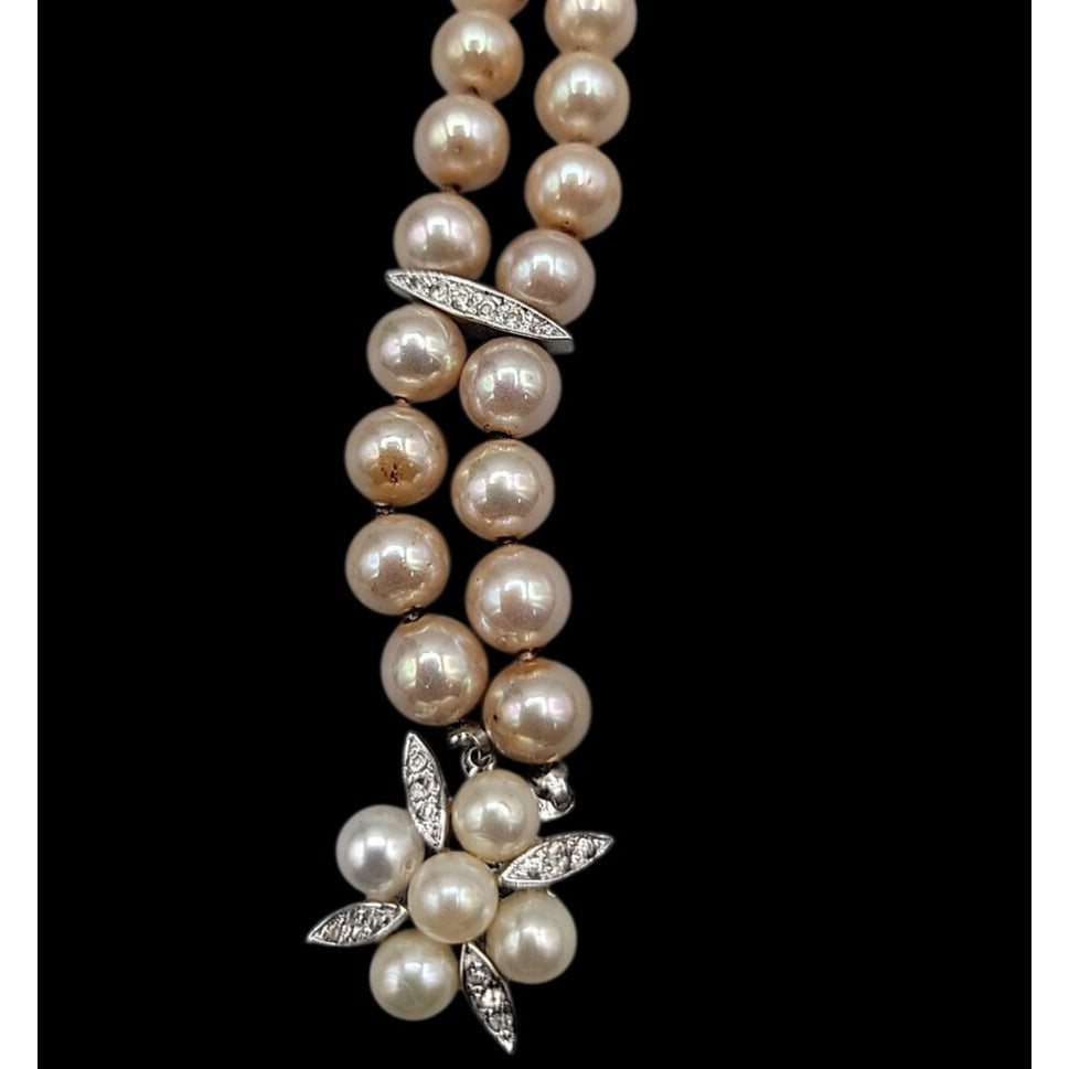 Vintage Panetta Double Strand Champagne Faux Pearl Bracelet Rhinestone Clasp