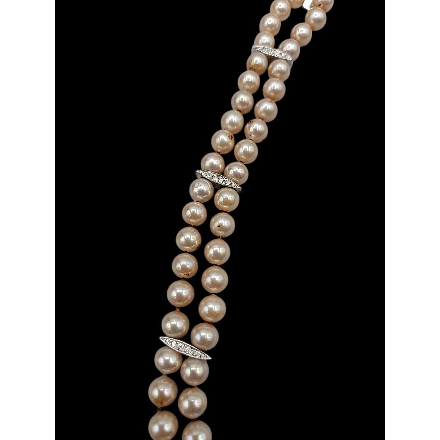 Vintage Panetta Double Strand Champagne Faux Pearl Bracelet Rhinestone Clasp