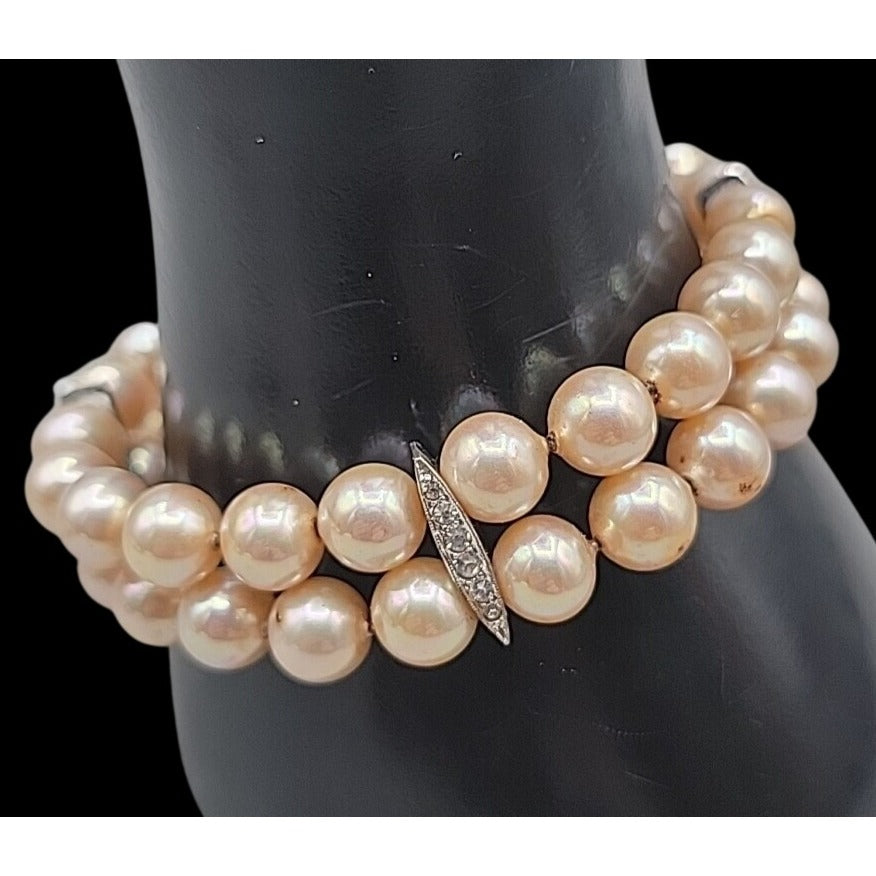 Vintage Panetta Double Strand Champagne Faux Pearl Bracelet Rhinestone Clasp