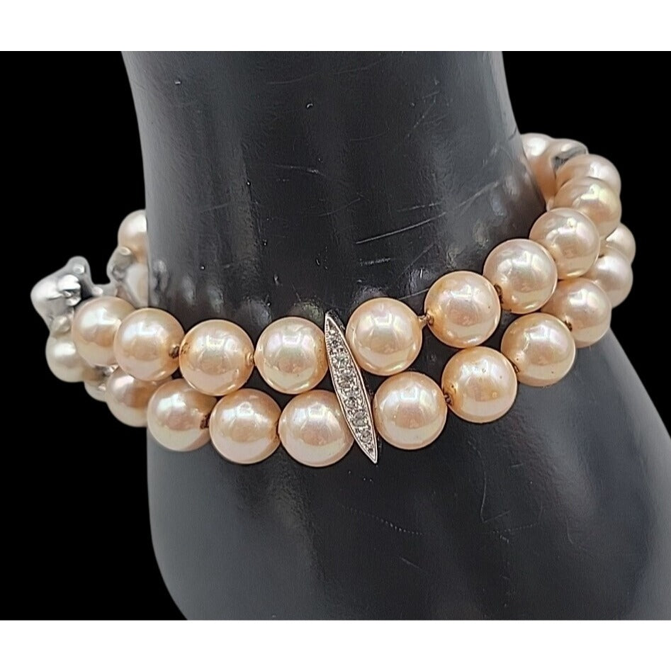 Vintage Panetta Double Strand Champagne Faux Pearl Bracelet Rhinestone Clasp