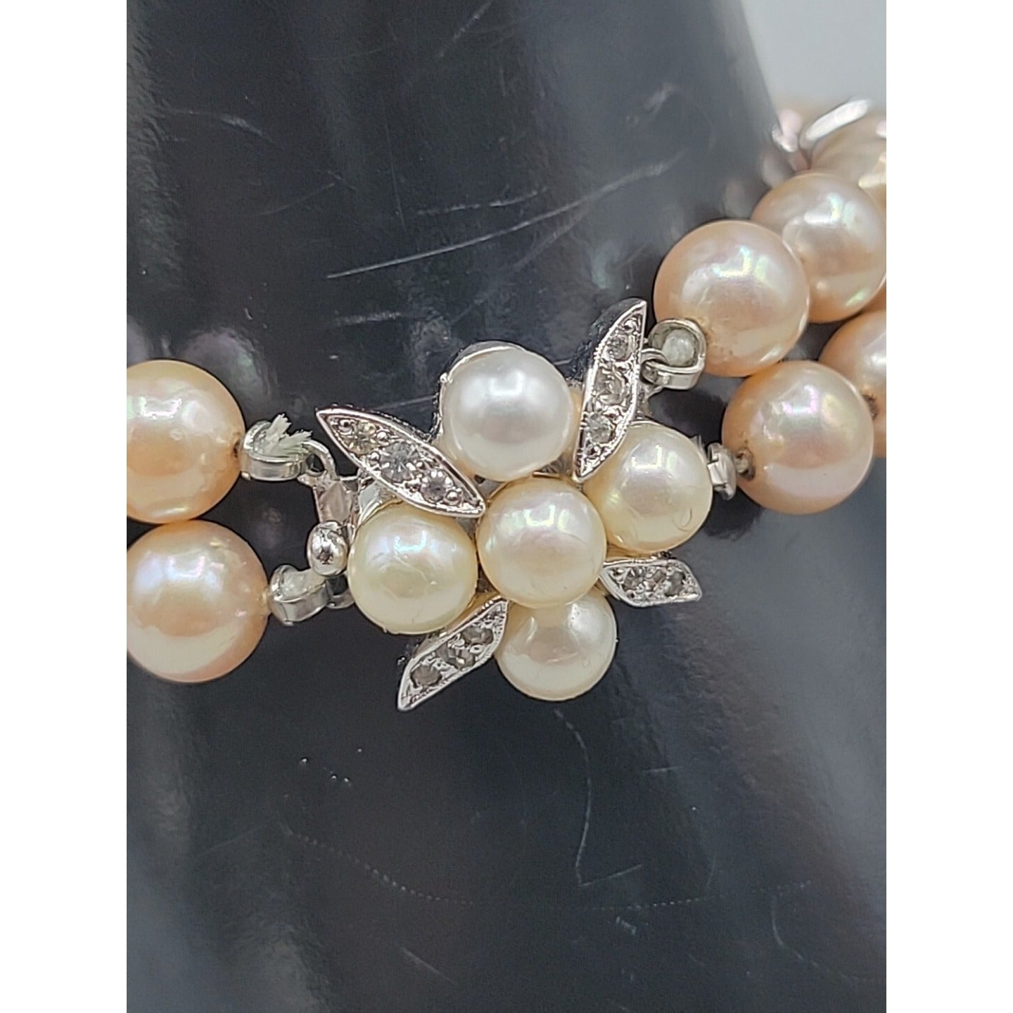 Vintage Panetta Double Strand Champagne Faux Pearl Bracelet Rhinestone Clasp