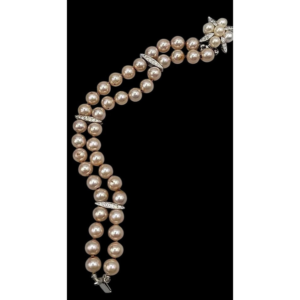 Vintage Panetta Double Strand Champagne Faux Pearl Bracelet Rhinestone Clasp