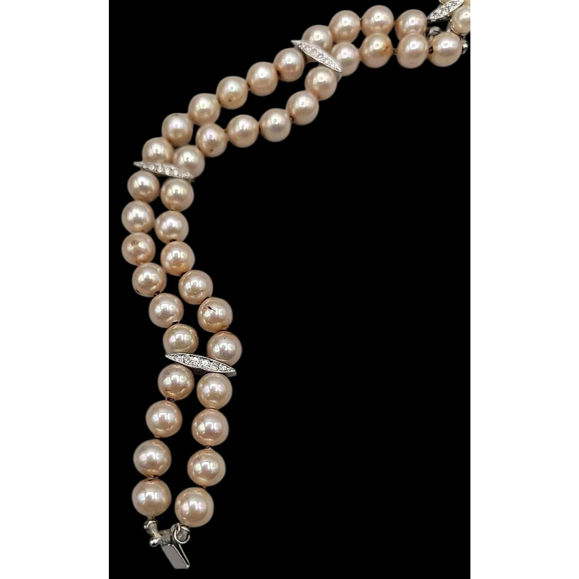 Vintage Panetta Double Strand Champagne Faux Pearl Bracelet Rhinestone Clasp